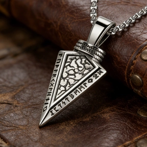 Nordic Viking rune arrow pendant in vintage titanium steel on a leather background