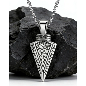 Nordic Viking arrow pendant necklace with runic engravings and vintage cracked texture