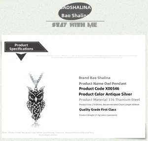 Detail view of antique silver owl pendant made of durable 316 titanium steel for men