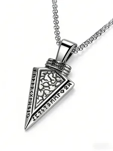 Close-up of Nordic Viking rune arrow pendant with vintage textured stainless steel finish