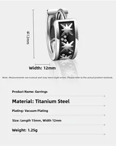 Detailed spec view of square titanium steel earrings with engraved star pattern