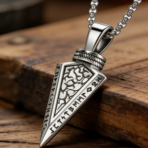 Macro shot of Viking arrow pendant with runic carvings on dark wooden texture