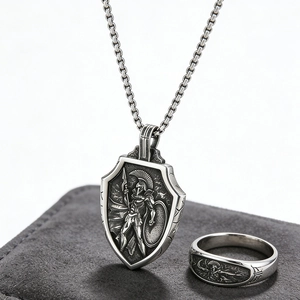 Vintage stainless steel Spartan shield necklace and ring set with relief carving