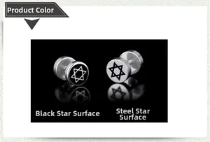 Détail macro de boucles d'oreilles hexagramme en acier inoxydable poli noir et argent