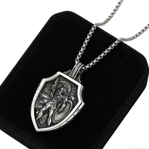 Vintage silver Spartan warrior shield pendant necklace with stainless steel box chain