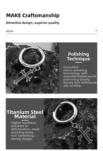 Detailed view of polished titanium steel cross earrings on a black volcanic stone