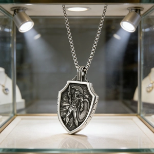 Close-up of vintage silver Spartan warrior shield pendant with blackened steel finish