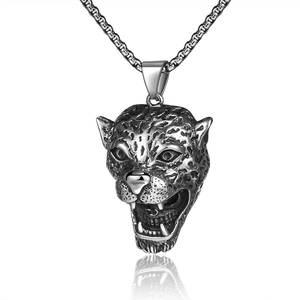 Collier Pendentif Tête de Léopard en Acier Inoxydable Hip Hop Vintage pour Hommes Bijoux Tête de Guépard Rétro Couleur Argent