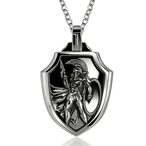 Retro Stainless Steel Spartan Warrior Shield Pendant Necklace For Men Antique Silver Enamel Cross Angel Jewelry Gift