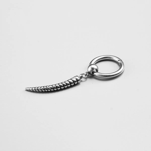 Polished stainless steel hoop earring with a spiraled horn pendant in a minimalist punk style