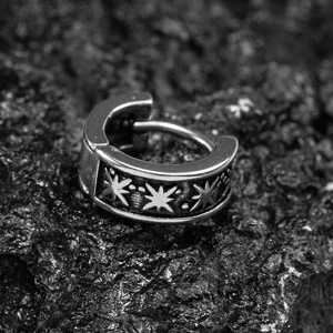 Vintage silver square punk hoop earrings with celestial star engraving on black stone