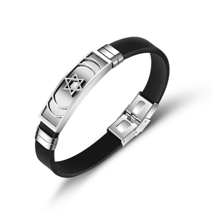 Bracelet de Mode pour Hommes en Acier Inoxydable et Silicone Motif Étoile de David et Phase de Lune Ajouré Bijoux