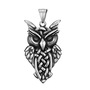Vintage stainless steel owl pendant necklace with Celtic knot patterns in silver finish