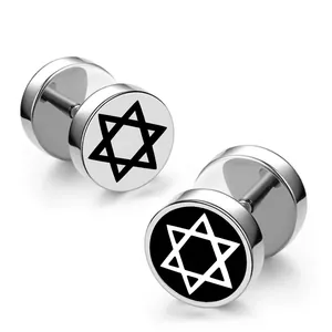 Boucles d'Oreilles Clous Haltère en Acier Titane pour Hommes Hexagramme Noir Argent Étoile de David Bijoux Punk Street