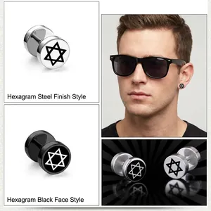 Boucles d'oreilles haltères en acier titane avec hexagramme argent et noir pour homme