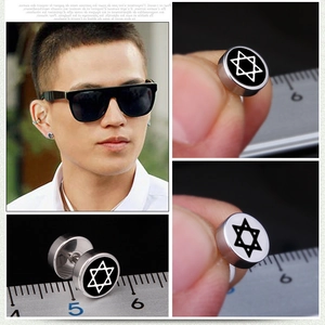 Boucles d'oreilles haltères pour hommes en acier inoxydable avec motif étoile hexagramme