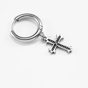Polished stainless steel hoop earring with a vintage cross charm and sparkling crystal
