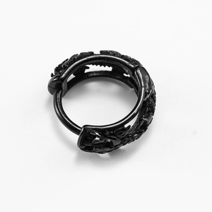 Minimalist black stainless steel hoop earring with intricate 3D dragon embossed pattern