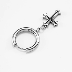 Punk style silver stainless steel hoop earrings with retro textured cross pendant