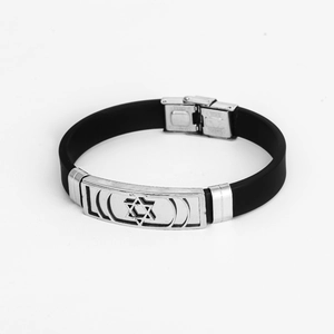 Bracelet pour homme en silicone noir avec plaque en acier inoxydable Étoile de David