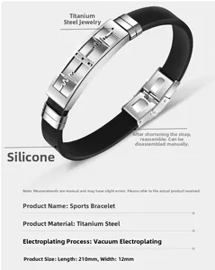 Detail of black silicone sport bracelet with stainless steel ECG plate and adjustable clasp