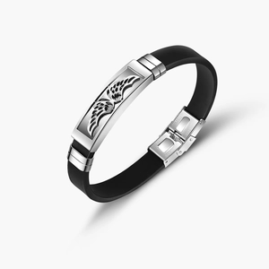 Pulsera de hombre en silicona negra mate con placa central de acero y ala hueca
