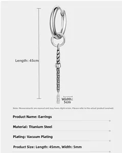 Detail view of titanium steel sword earring with spiral texture and size specifications