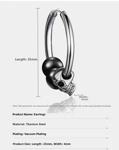 Détail de la boucle d'oreille crâne en acier titane montrant la longueur de 25mm