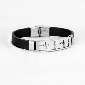 Men's hollow stainless steel and silicone heartbeat bracelet with folding clasp