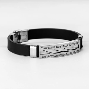 Bracelet pour hommes en acier inoxydable et silicone noir avec motif grec ajouré