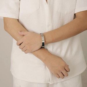 Men's hollow stainless steel and black silicone bracelet with engraved ECG heartbeat pattern