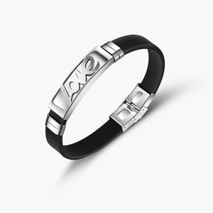 Bracciale da Uomo in Acciaio Inossidabile e Silicone Con Scritta Love Traforata Gioielli di Moda in Gomma Lucida Nero Argento