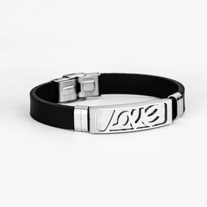 Bracciale in silicone nero con piastra Love in acciaio inossidabile e chiusura a scatto