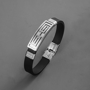 Men's hollow stainless steel and black silicone bracelet with geometric fret pattern