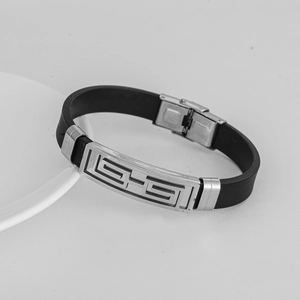 Men's hollow stainless steel and black silicone bracelet with geometric G-pattern