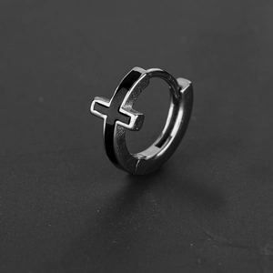 Sleek silver stainless steel huggie earring with black cross design for men