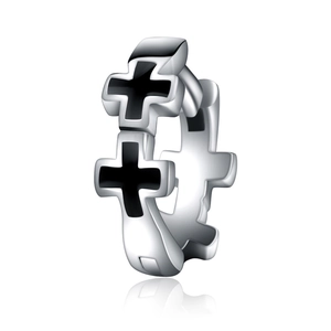 Gothic Titanium Steel Double Cross Hoop Earrings For Men Women Punk Retro Black Cross Inlaid Silver Earrings Jewelry
