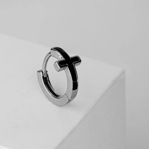 Sleek stainless steel hoop earrings featuring a black enamel cross on a white block