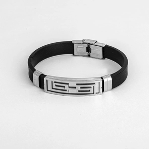 Men's black silicone bracelet with hollow geometric pattern and stainless steel clasp