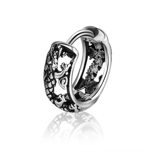 Boucles d'Oreilles Créoles Huggie en Relief Dragon en Acier Titane Vintage pour Hommes Femmes Argent Antique Punk Bijoux Hip Hop