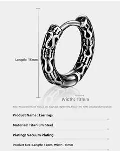 Detail showing 15mm by 13mm size of cross engraved stainless steel huggie hoop earrings