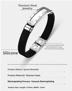 Détail du bracelet réglable en silicone noir et acier titane de 210 mm de longueur