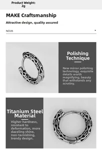 Detail view of retro titanium steel cross hoop earring with weight and material specs