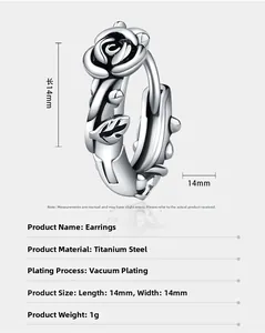 Detailed specs of rose-shaped titanium steel earrings featuring vacuum plating finish