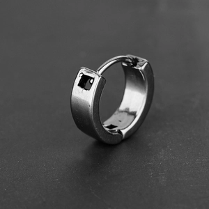Sleek silver stainless steel hoop earring with brushed finish and square cut-out design