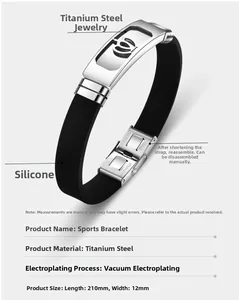 Detail of adjustable black silicone and steel sport bracelet with crown hollow design