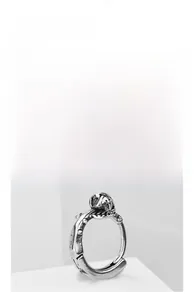 Detail of vintage silver rose ring featuring bionic bird carving and aged metal texture