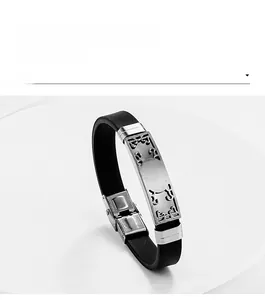 Close-up of black silicone band with hollow stainless steel pattern on a round base