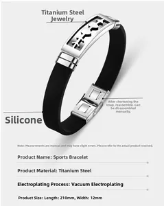 Detail of black silicone sports bracelet with hollowed gender symbols on steel plate