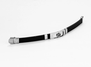 Detailed view of black silicone strap with silver stainless steel crown plate and clasp